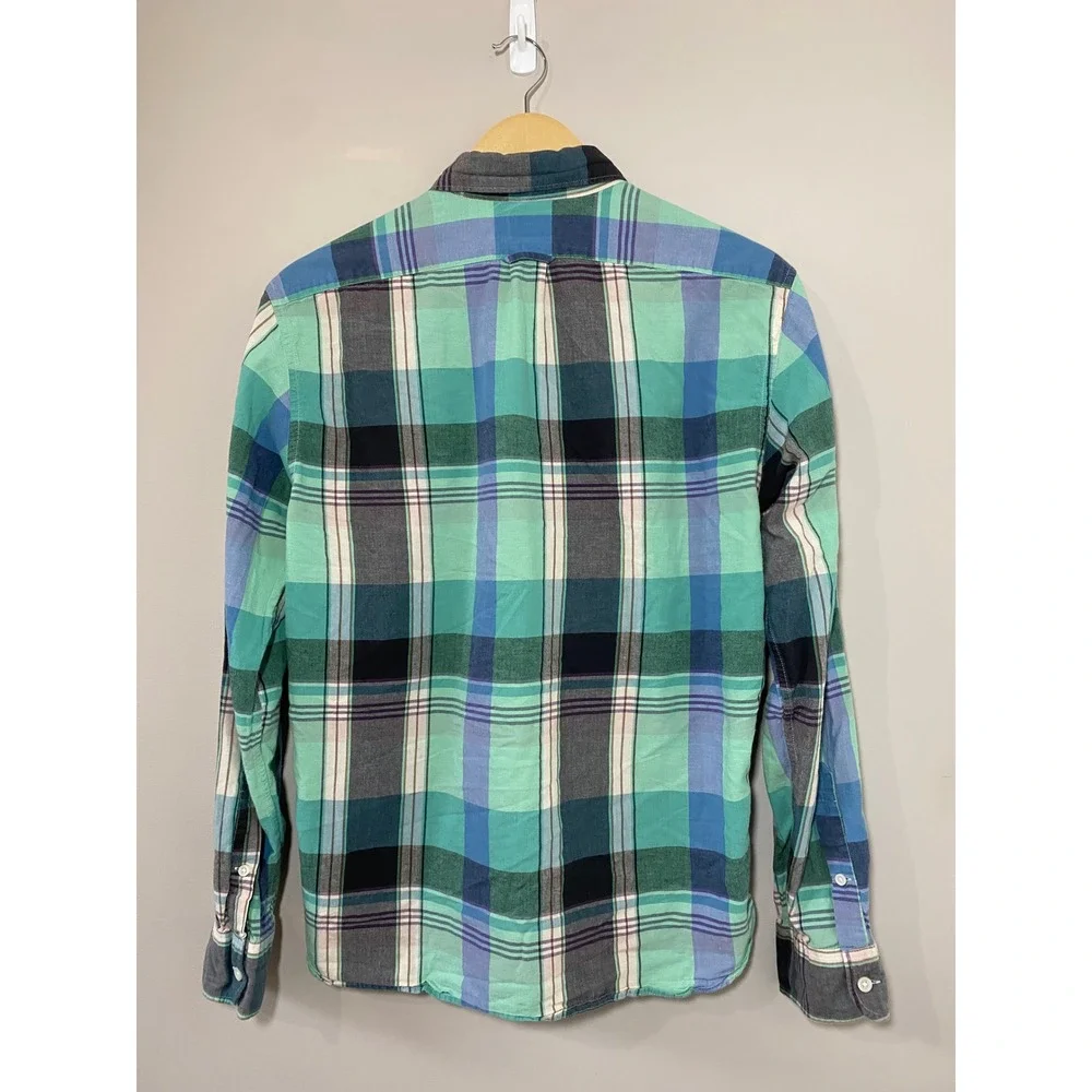 J.Crew Indian Madras Slim Fit Button Up Shirt Blue Green Plaid Shirt Mens MEDIUM